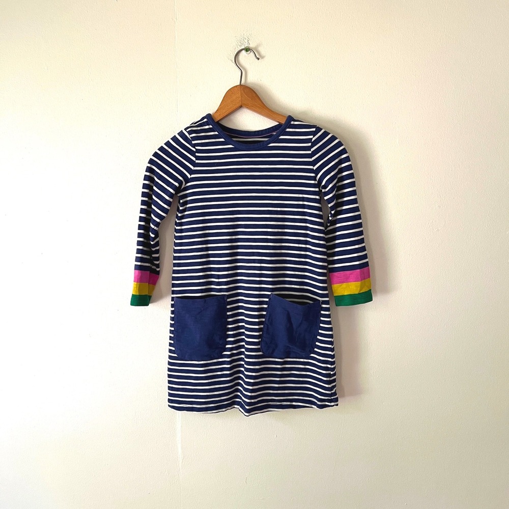 Mini Boden Girls Navy White Striped Jersey Dress Rainbow Cuffs 7-8Y
